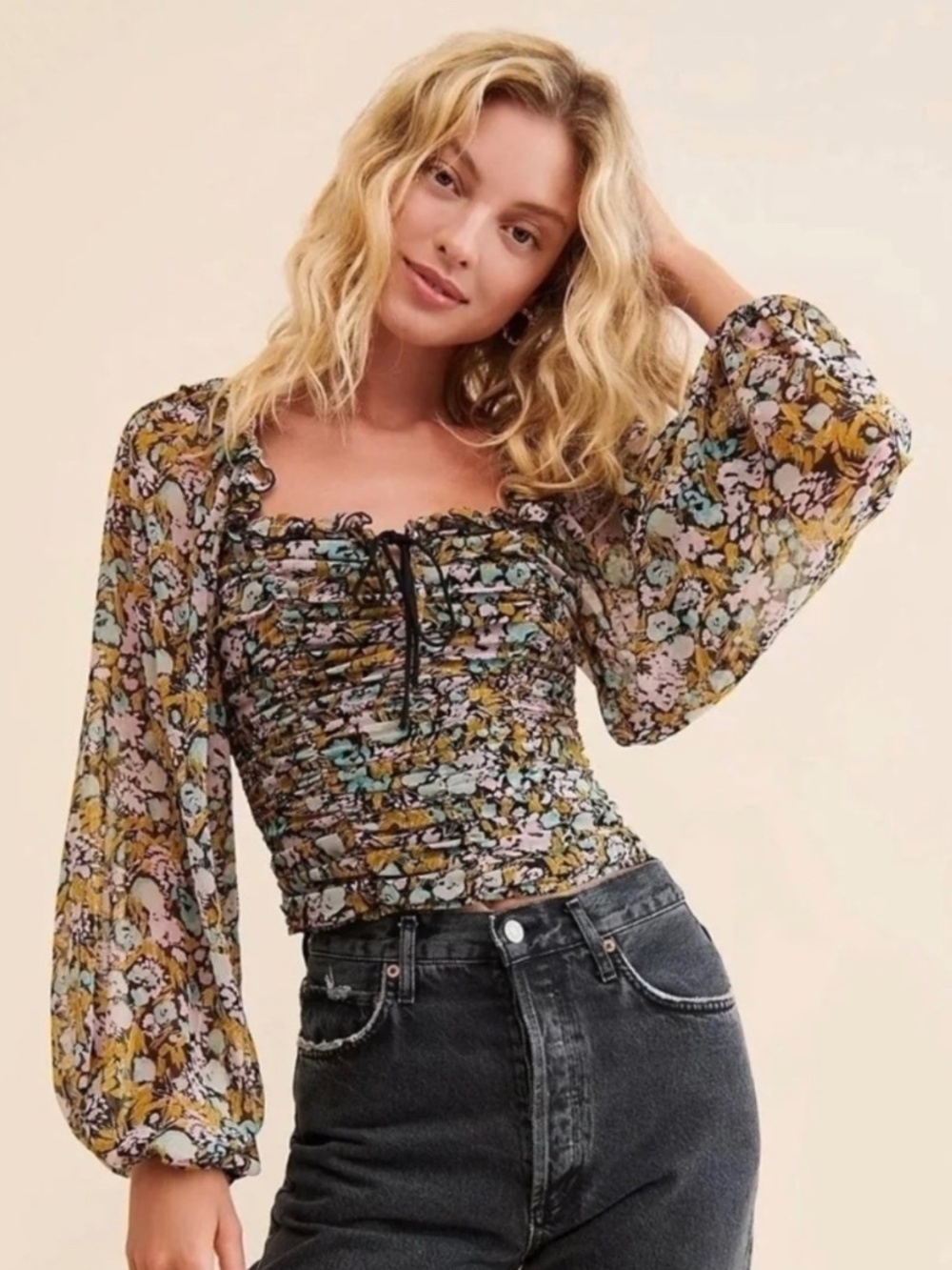 Free People Smocked Floral Ruched Bodice Blouse
